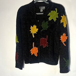 Lisa Nichols Vtg Wmns Embroidered Fall Cozy Brown Chenille Leaf Cardigan Small